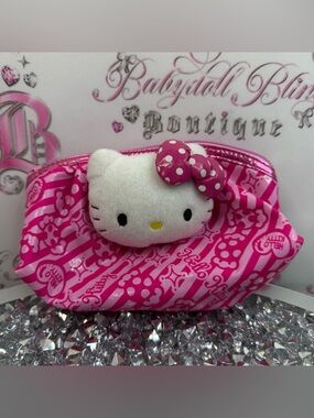 Hello Kitty bag makeup plush White Plush Face Pink Polka Dot Bow Cosmetic Pouch